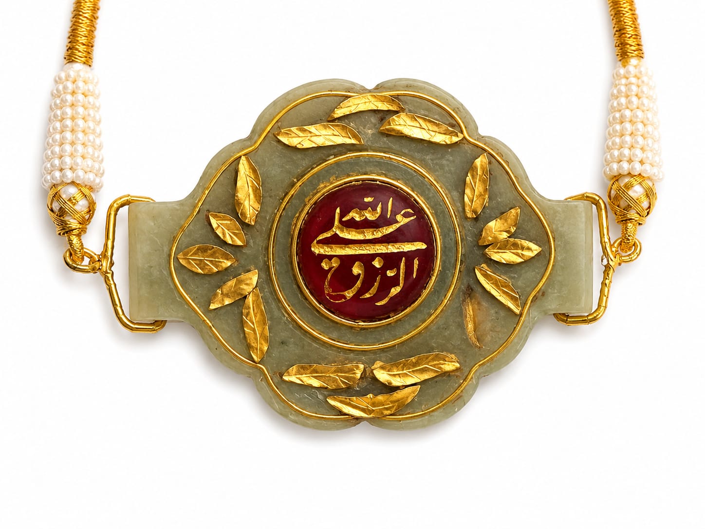 Mughal handmade islamic jade stone pendant studded with shaded green precious stone